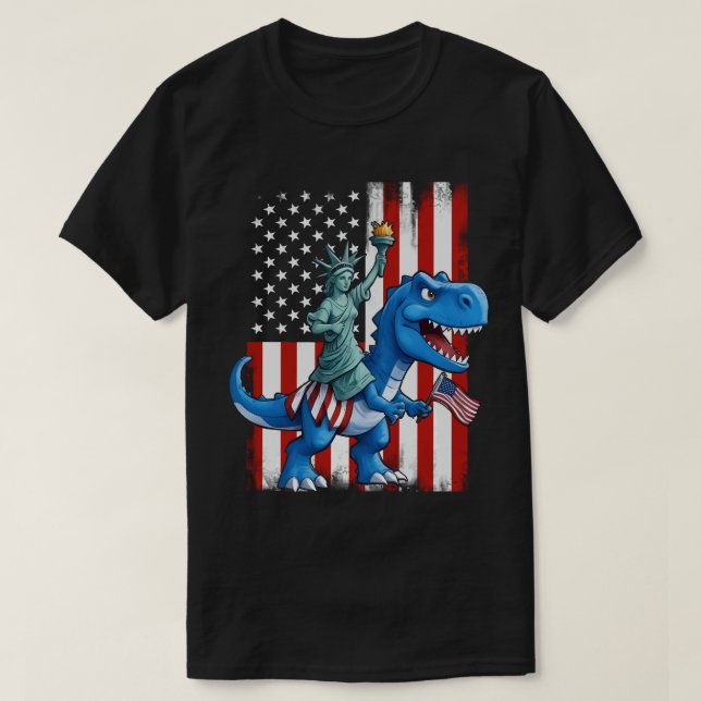 Camiseta Estatua De Dinosaurios Libertad 4 De Julio Bandera (Diseño del anverso)
