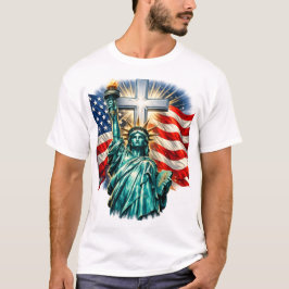 Camiseta Estatua de la Libertad con banderas y cruz