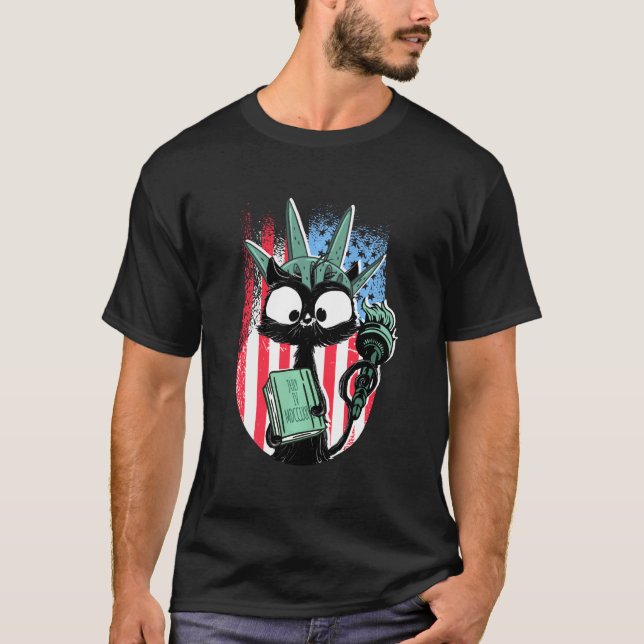 Camiseta Estatua De La Libertad Del Gato 4 De Julio Ca Negr (Anverso)