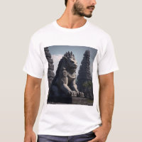 Estatua de león con el templo de Prambanan al fond