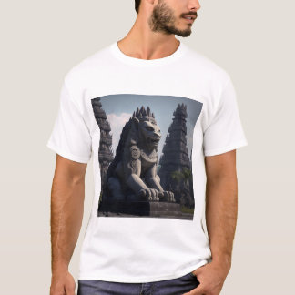 Camiseta Estatua de león con el templo de Prambanan al fond