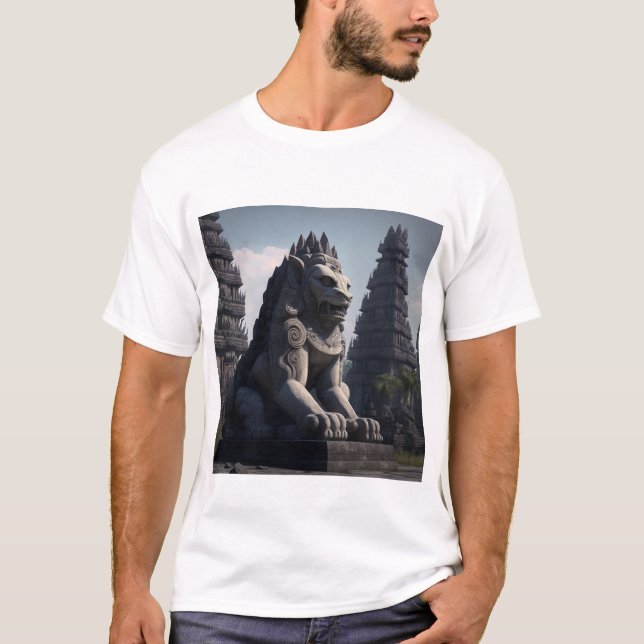 Camiseta Estatua de león con el templo de Prambanan al fond (Anverso)