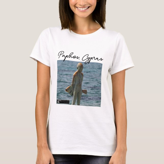 Camiseta Estatua de Paphos, niño y pez, firma (Anverso)