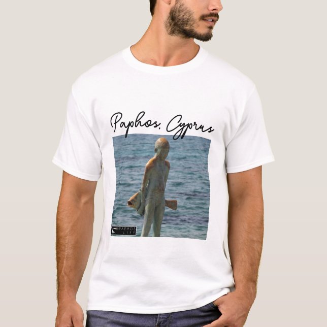 Camiseta Estatua de Paphos, niño y pez, firma (Anverso)