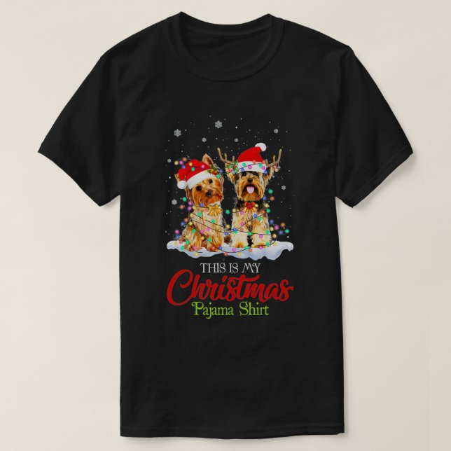 Camiseta Este Es Mi Navidad Pajama Yorkie Santa Hat Ligh (Diseño del anverso)