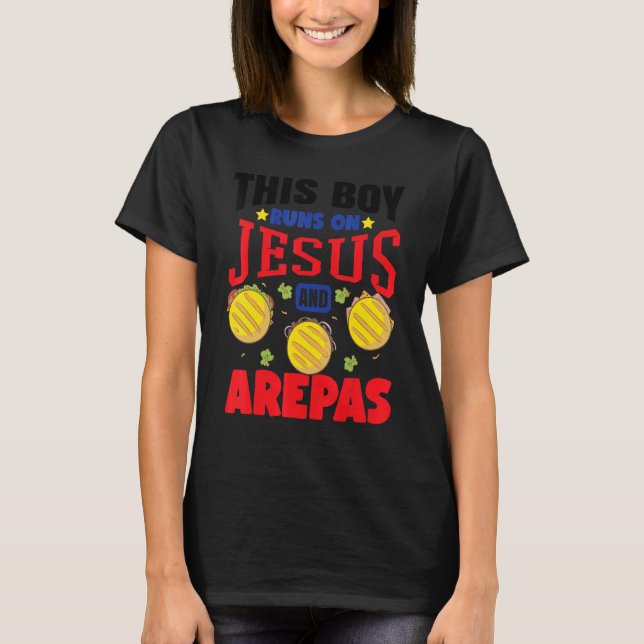 Camiseta Este Niño Corre Sobre Jesús Y Arepas Niños Colombi (Anverso)