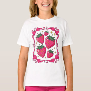 Camiseta Estética Coqueta de Fresa Lazo Rosa Diseño Adorabl