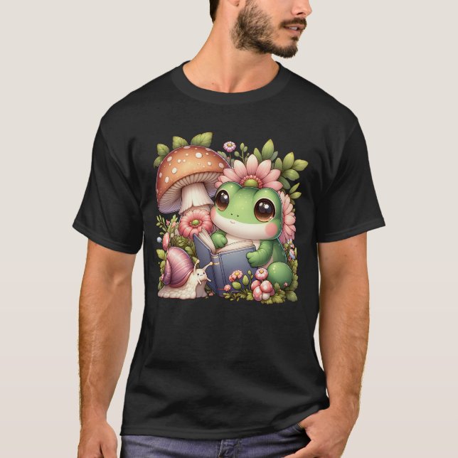 Camiseta Estética Del Libro De Lectura De Rana Kawaii (Anverso)