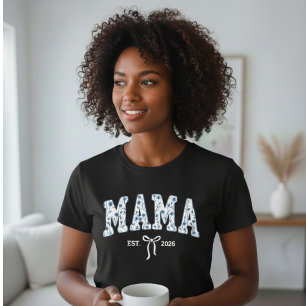 Camiseta Estética Femenina Universitaria Floral Azul Mamá