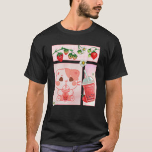 Camiseta Estética Harajuku Cute Cat Drawberry Boba