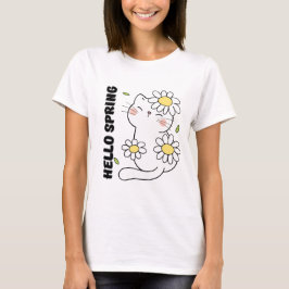 Camiseta Estética Minimalista Hola Primavera Gato y Margari