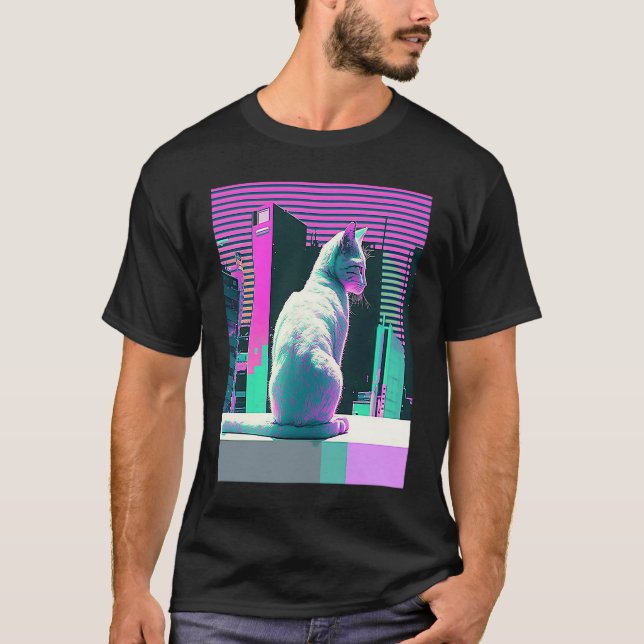 Camiseta Estética Vaperwave Gato Glitch Retrowave Synthwave (Anverso)