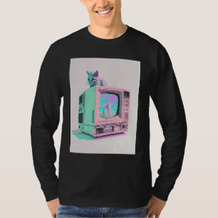 Camiseta Estética Vaperwave Gato Glitch Retrowave Synthwave