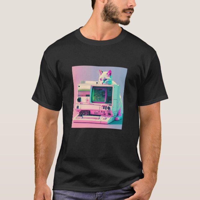 Camiseta Estética Vaperwave Gato Glitch Retrowave Synthwave (Anverso)