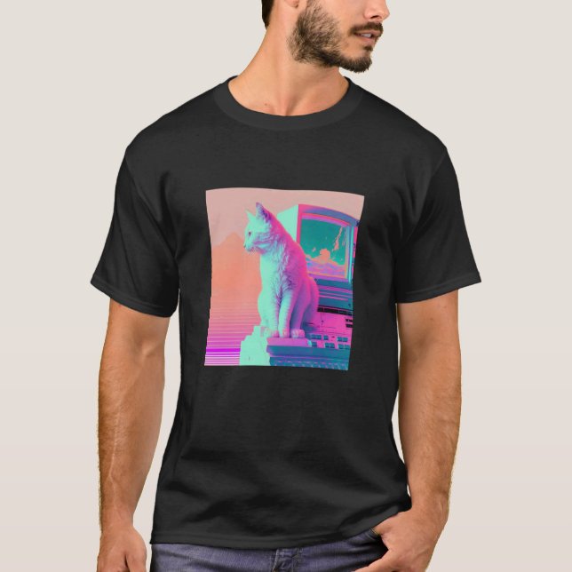 Camiseta Estética Vaperwave Gato Glitch Retrowave Synthwave (Anverso)