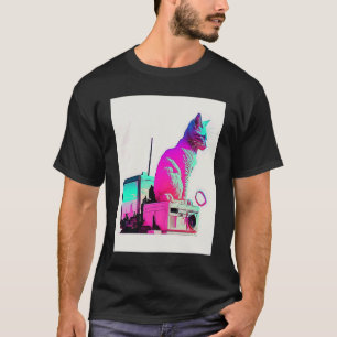 Camiseta Estética Vaperwave Gato Glitch Retrowave Synthwave