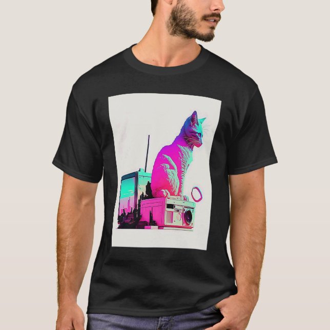 Camiseta Estética Vaperwave Gato Glitch Retrowave Synthwave (Anverso)