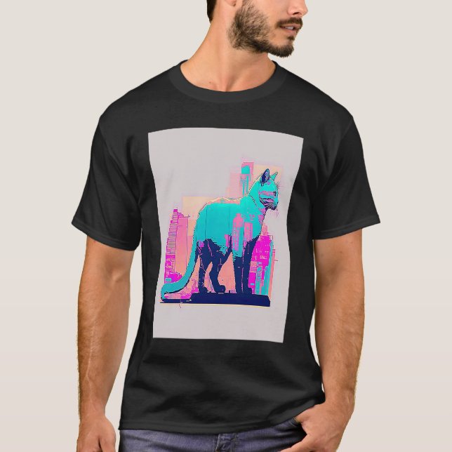 Camiseta Estética Vaperwave Gato Glitch Retrowave Synthwave (Anverso)