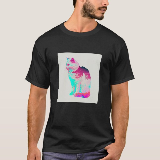 Camiseta Estética Vaperwave Gato Glitch Retrowave Synthwave (Anverso)
