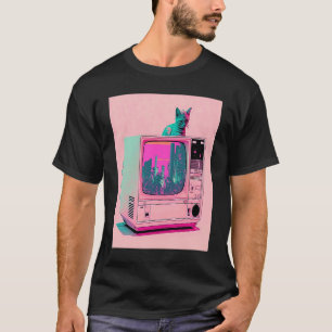 Camiseta Estética Vaperwave Gato Glitch Retrowave Synthwave