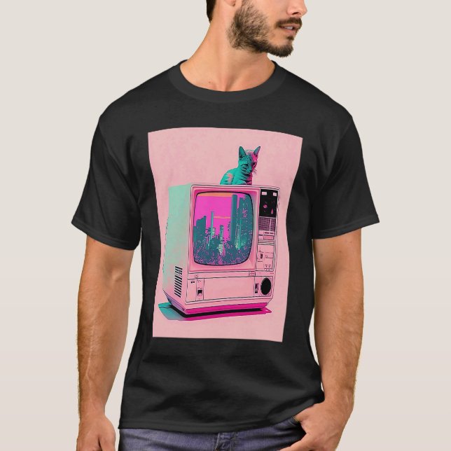 Camiseta Estética Vaperwave Gato Glitch Retrowave Synthwave (Anverso)