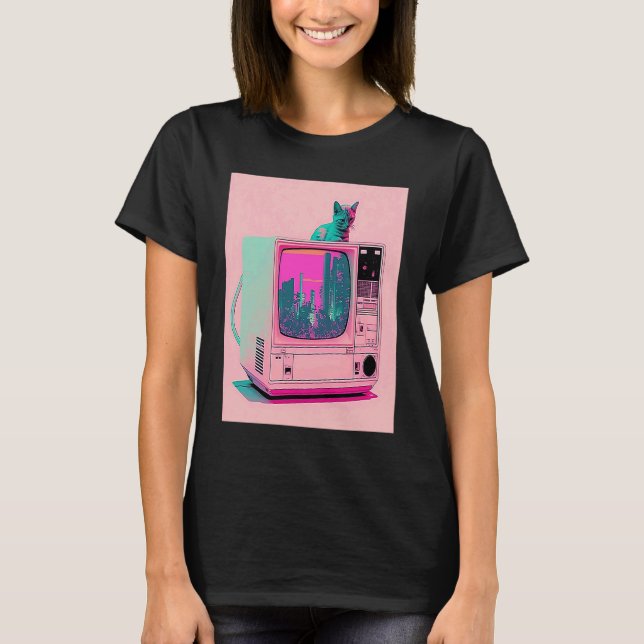 Camiseta Estética Vaperwave Gato Glitch Retrowave Synthwave (Anverso)