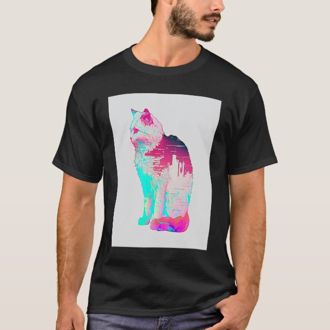 Camiseta Estética Vaperwave Gato Glitch Retrowave Synthwave (Anverso)