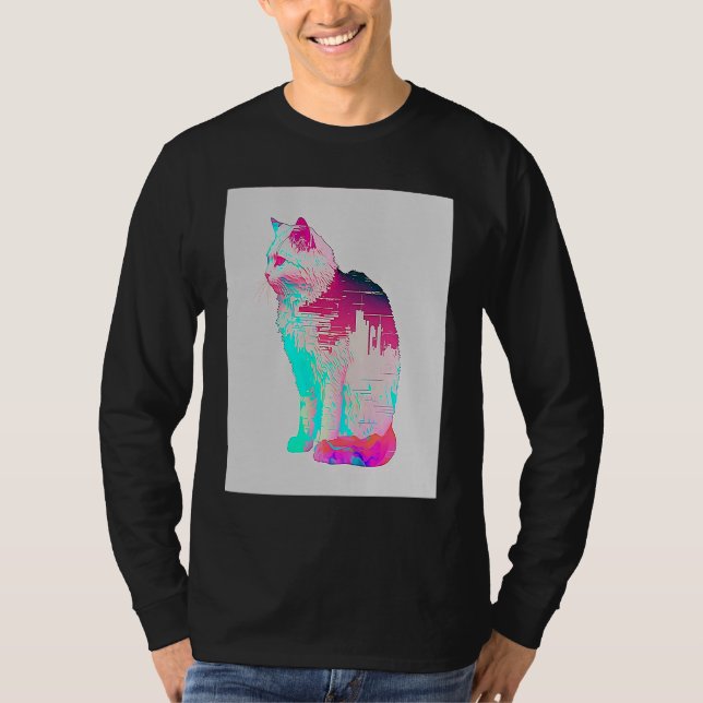Camiseta Estética Vaperwave Gato Glitch Retrowave Synthwave (Anverso)