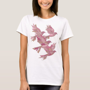 Camiseta Estilizado Plata PÁJAROS ROSAS Diseño Moderno