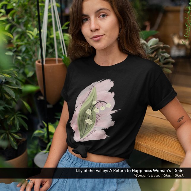 Camiseta Estilo acuático de Lily of Valley Happiness (Lily of the Valley: A Return to Happiness: Watercolor Style Art on a Black T-Shirt)