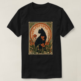Camiseta Estilo Alphonse Mucha Arte Gato Negro Modernista