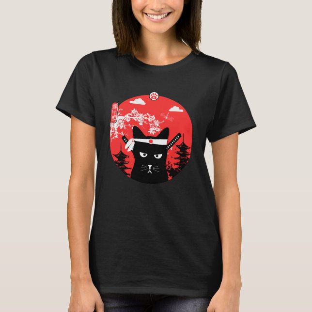 Camiseta Estilo de arte Ninja de diseño de gato japonés vin (Anverso)