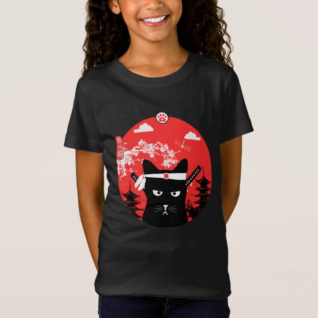 Camiseta Estilo de arte Ninja de diseño de gato japonés vin (Anverso)