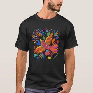 Camiseta Estilo de Bordado Mexicano Otomi de Pájaro Floral