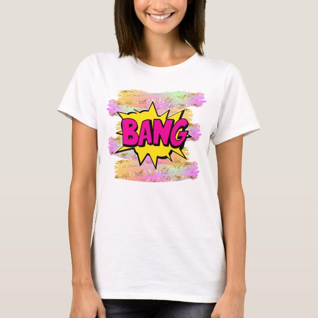 Camiseta Estilo de comedia Pop Art Retro Amarillo Hot Pink  (Anverso)