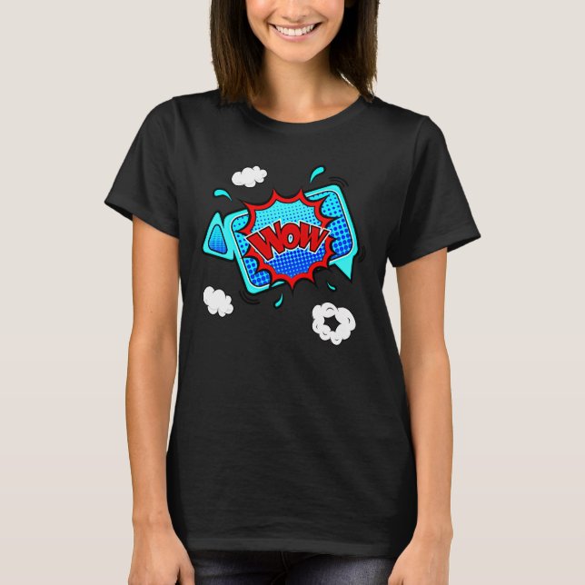 Camiseta Estilo de comedia Pop Art Retro Azul WOW (Anverso)