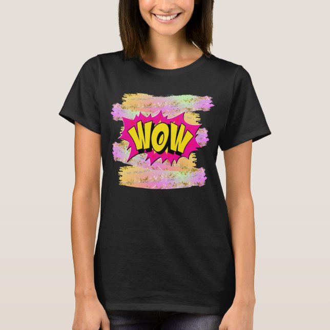 Camiseta Estilo de comic Pop Art Retro Amarillo cálido WOW (Anverso)