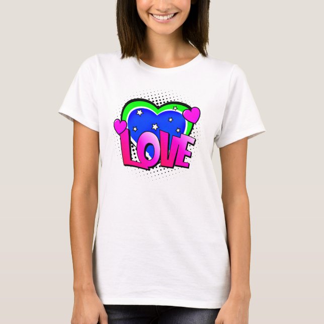Camiseta Estilo de comic Pop Art Retro Azul Amor rosa Verde (Anverso)