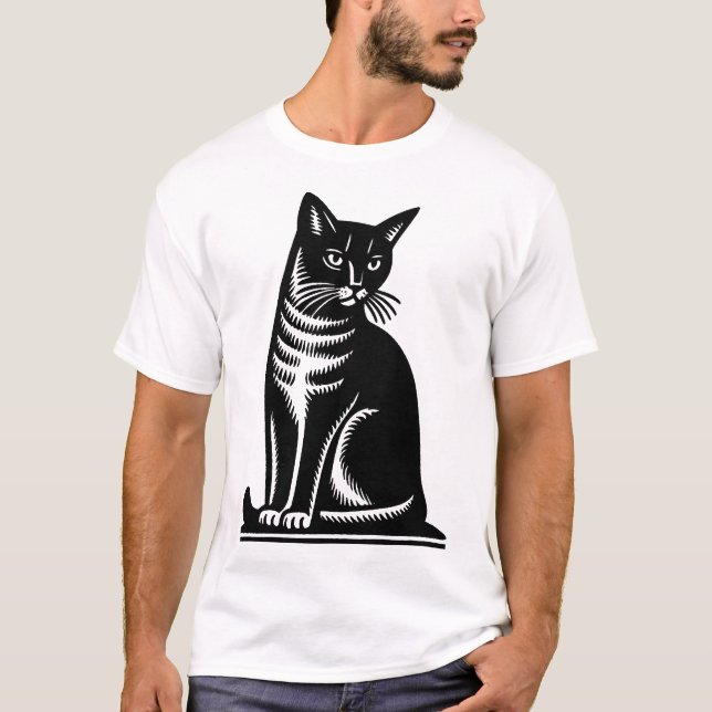 Camiseta Estilo de grabado en madera de felino noble (Anverso)