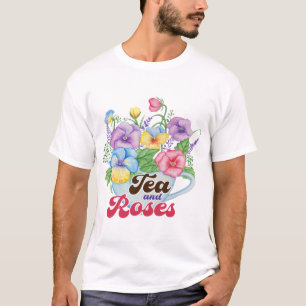Camiseta Estilo de jardín inglés arte floral de té y rosas