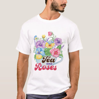 Camiseta Estilo de jardín inglés arte floral de té y rosas