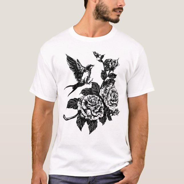 Camiseta Estilo de tatuaje de pájaro y rosa (Anverso)