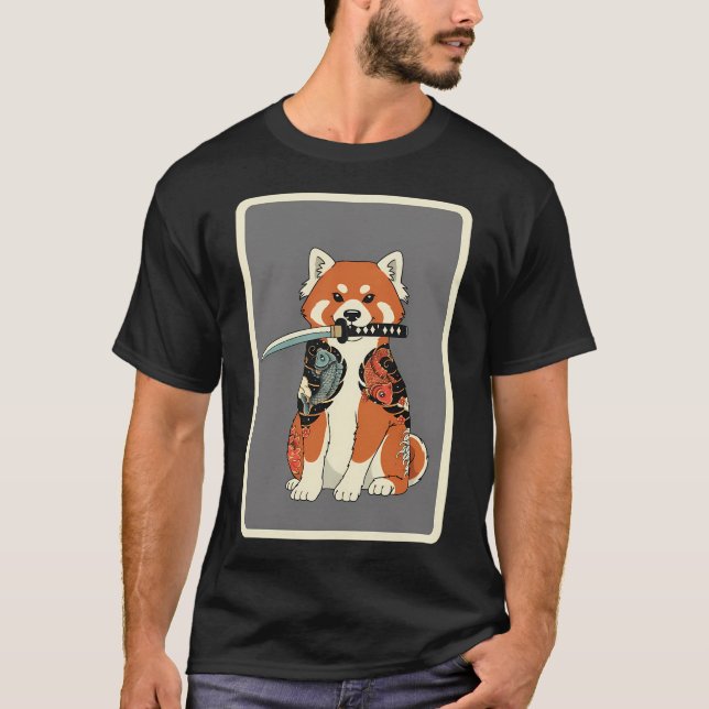 Camiseta Estilo de tatuaje de panda rojo samurái (Anverso)