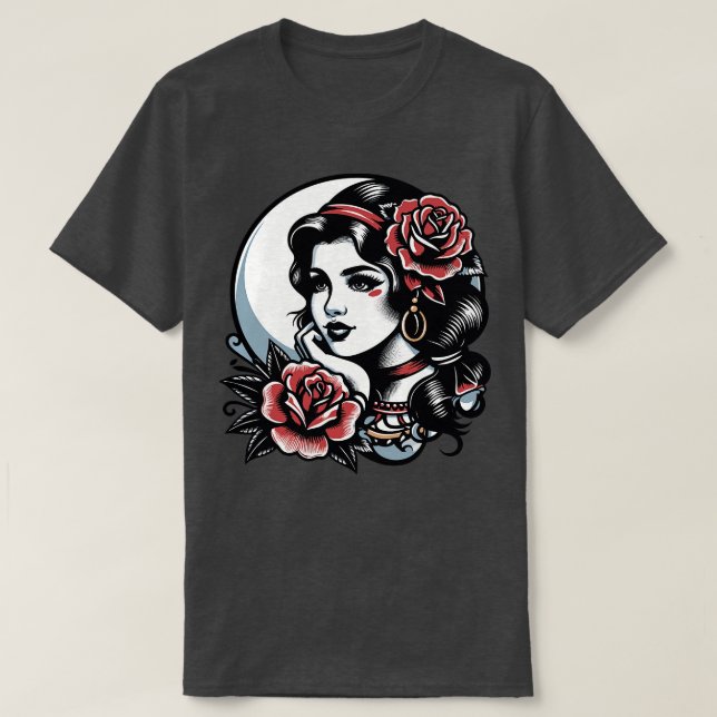 Camiseta Estilo de tatuaje tradicional gitano-Chica-america (Diseño del anverso)