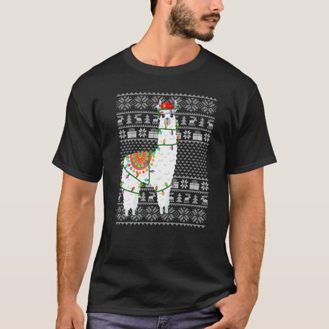 Camiseta Estilo dulce feo navideño alumbrado Santa Alpaca C (Anverso)