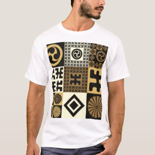 Camiseta Estilo japonés, patrones de oro negro sin costura.