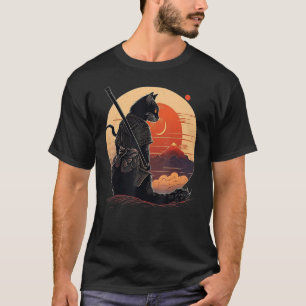 Camiseta Estilo japonés vintage del atardecer y gato samura