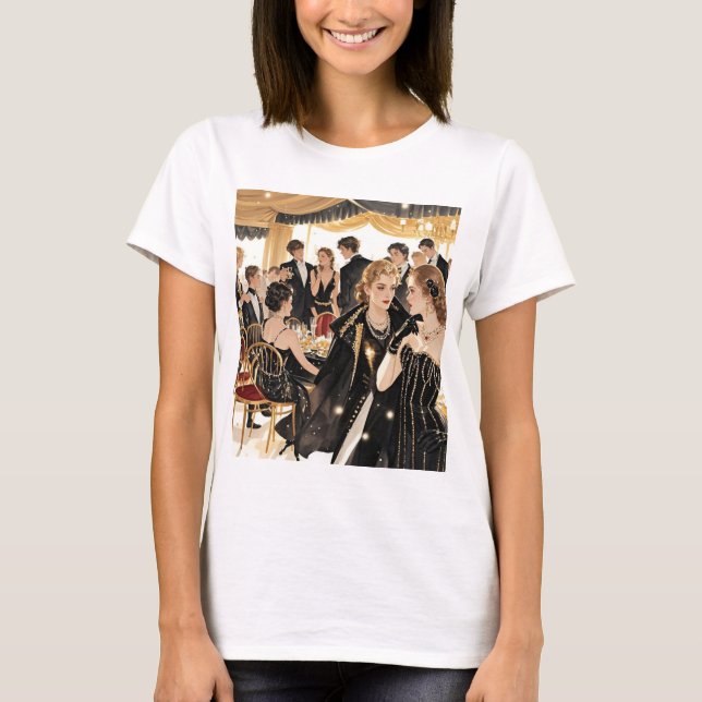 Camiseta Estilo Moulin rouge, negro y dorado, rico lujo (Anverso)