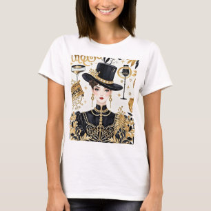 Camiseta Estilo Moulin rouge, negro y dorado, rico lujo