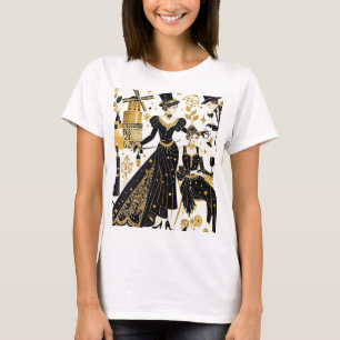 Camiseta Estilo Moulin rouge, negro y dorado, rico lujo